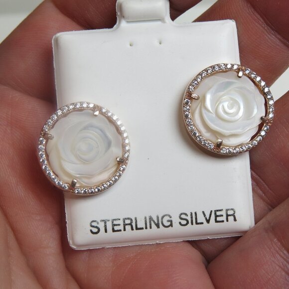 14k Rose Gold Diamond Pearl Flower  Earring - Picture 1 of 3